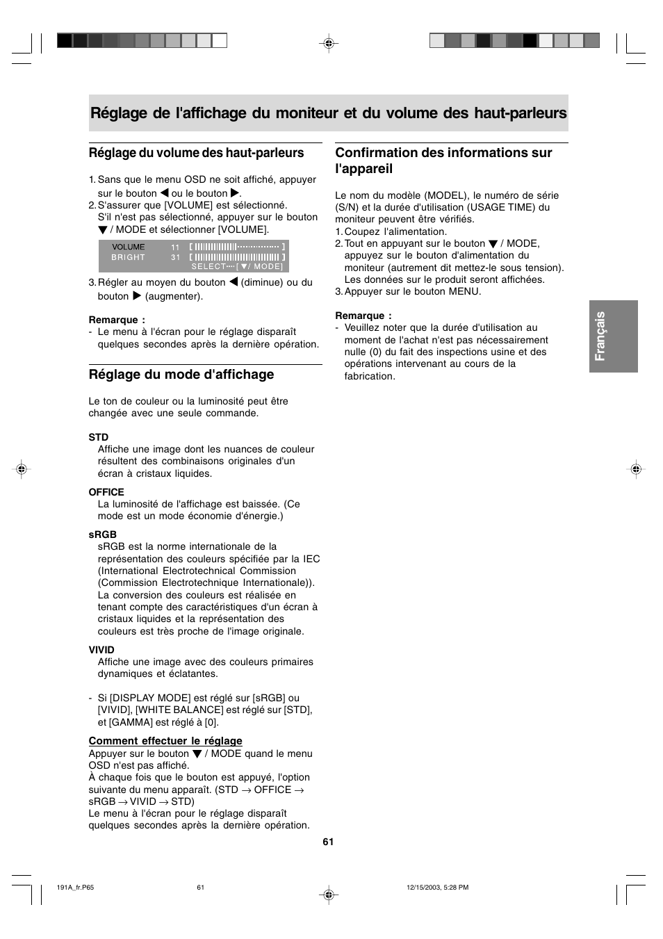 Réglage du volume des haut-parleurs, Réglage du mode d'affichage, Confirmation des informations sur l'appareil | Sharp LL-191A User Manual | Page 61 / 148