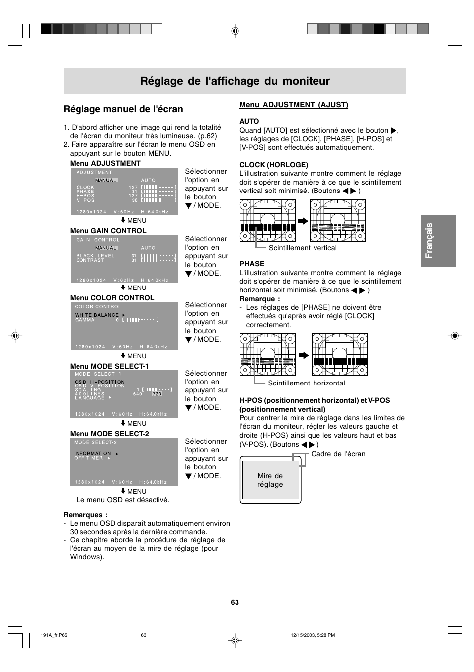 Réglage de l'affichage du moniteur, Réglage manuel de l'écran | Sharp LL-191A User Manual | Page 63 / 148