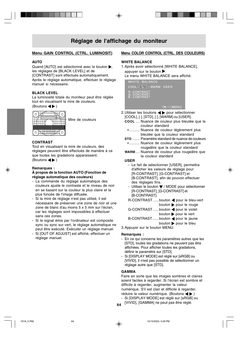 Réglage de l'affichage du moniteur | Sharp LL-191A User Manual | Page 64 / 148