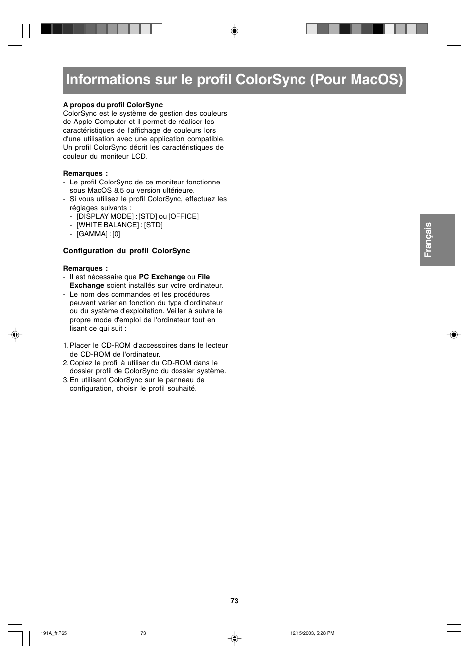 Informations sur le profil colorsync (pour macos) | Sharp LL-191A User Manual | Page 73 / 148