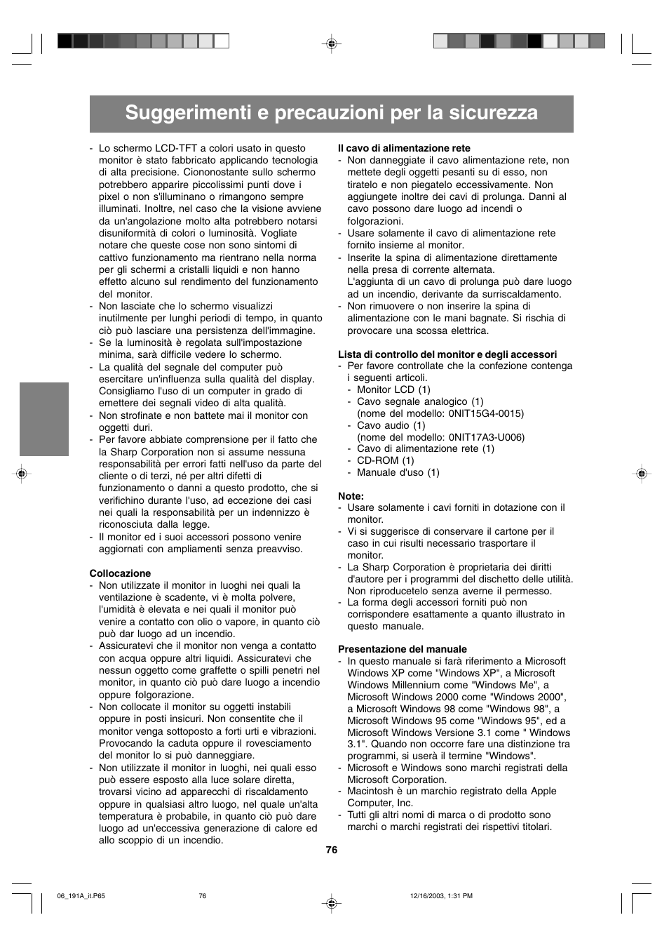 Suggerimenti e precauzioni per la sicurezza | Sharp LL-191A User Manual | Page 76 / 148