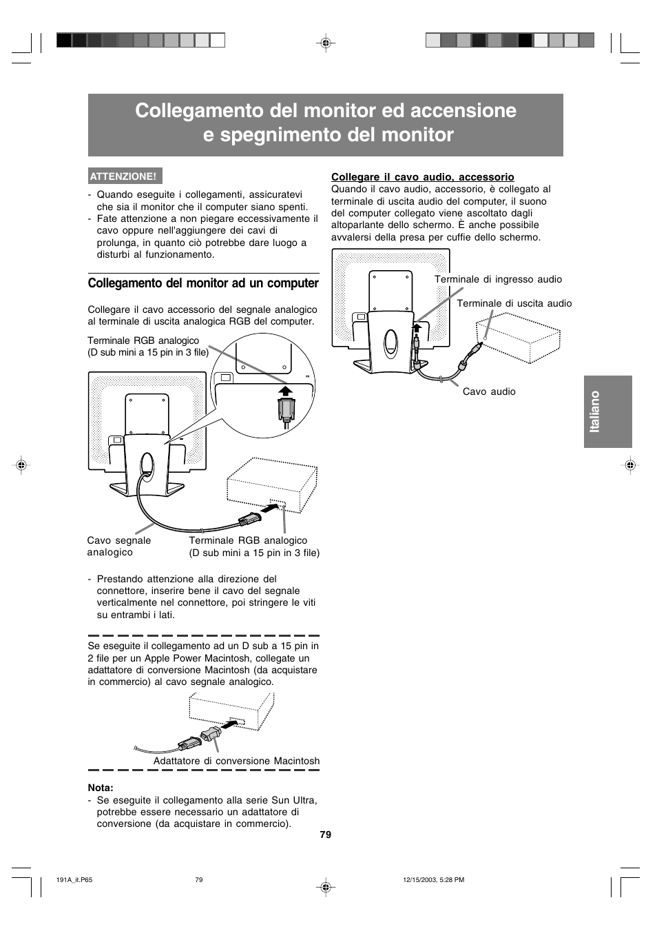 Collegamento del monitor ad un computer | Sharp LL-191A User Manual | Page 79 / 148