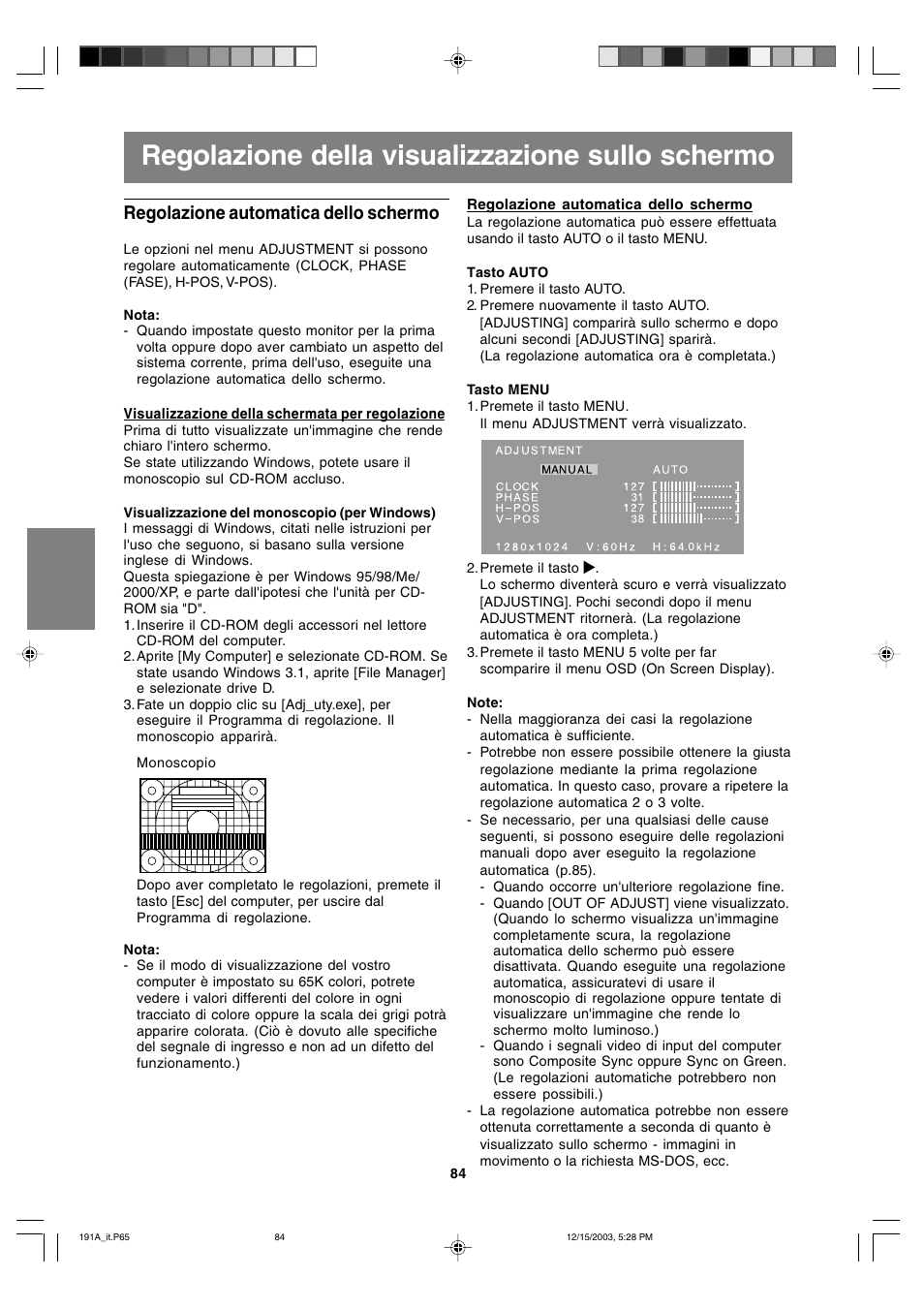 Regolazione della visualizzazione sullo schermo, Regolazione automatica dello schermo | Sharp LL-191A User Manual | Page 84 / 148