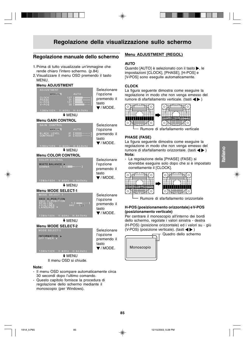 Regolazione della visualizzazione sullo schermo, Regolazione manuale dello schermo | Sharp LL-191A User Manual | Page 85 / 148