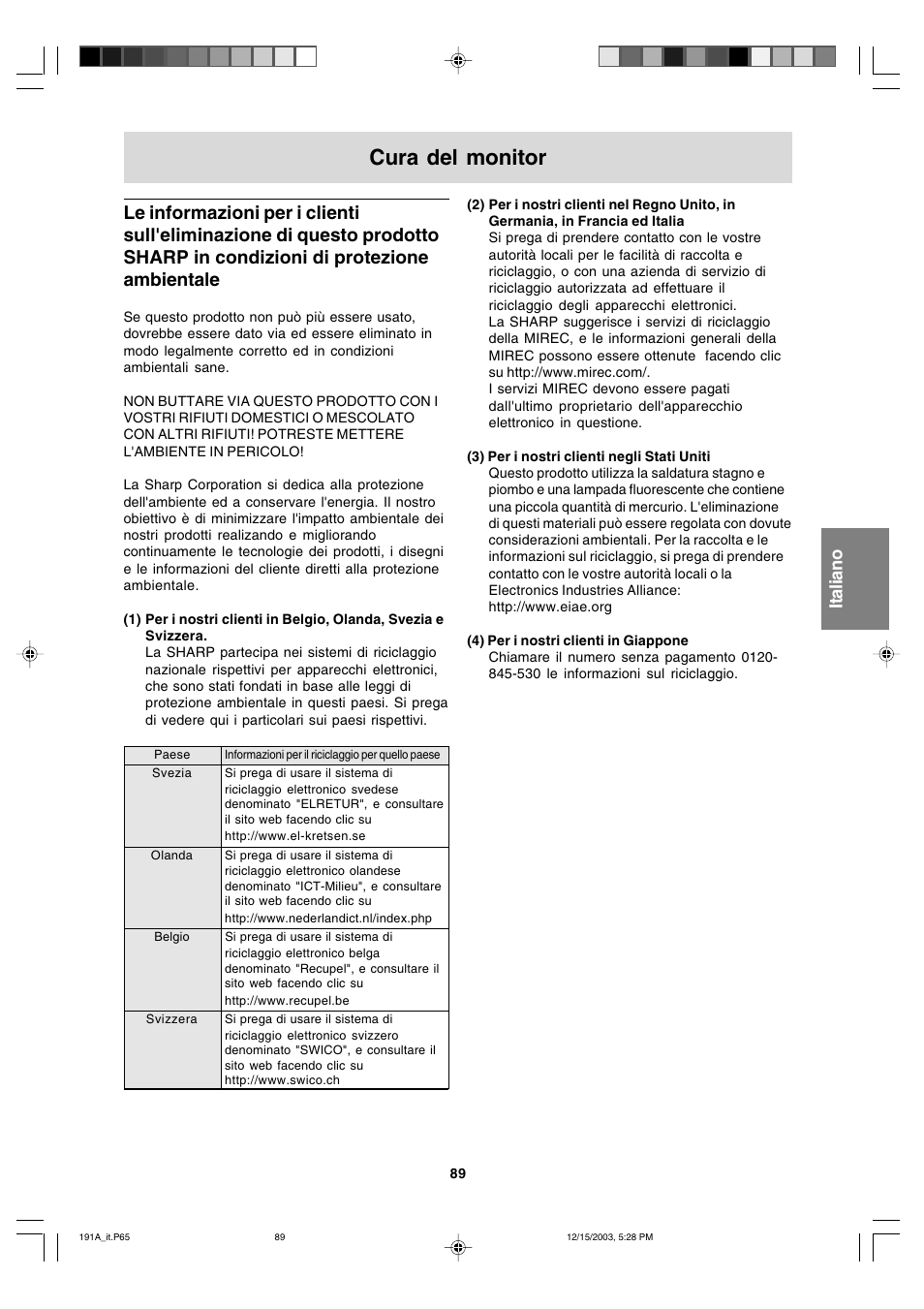 Cura del monitor, English fran ç ais italiano espa ñ ol english | Sharp LL-191A User Manual | Page 89 / 148