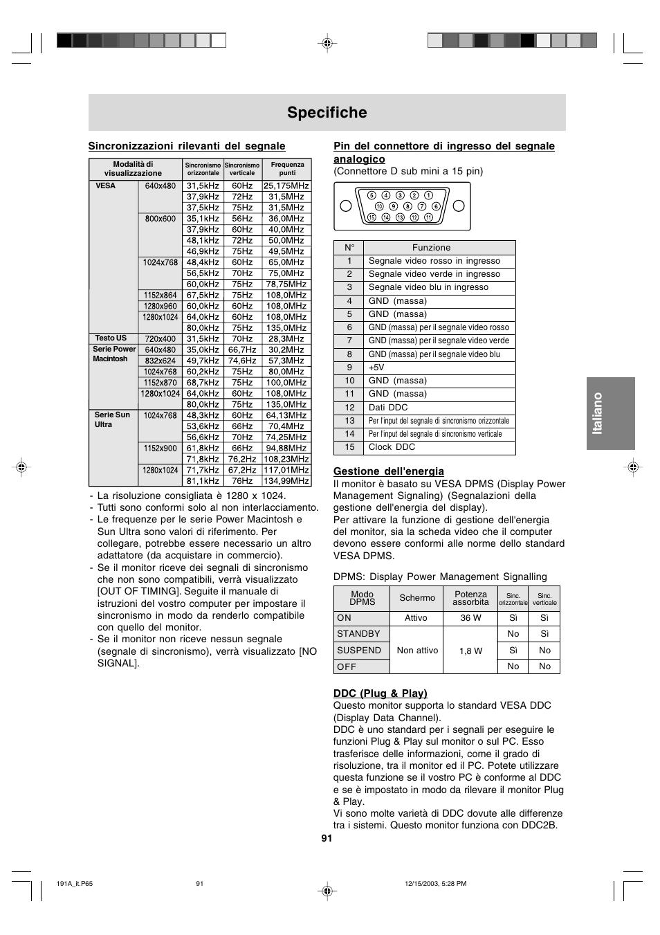 Specifiche, English fran ç ais italiano espa ñ ol english | Sharp LL-191A User Manual | Page 91 / 148