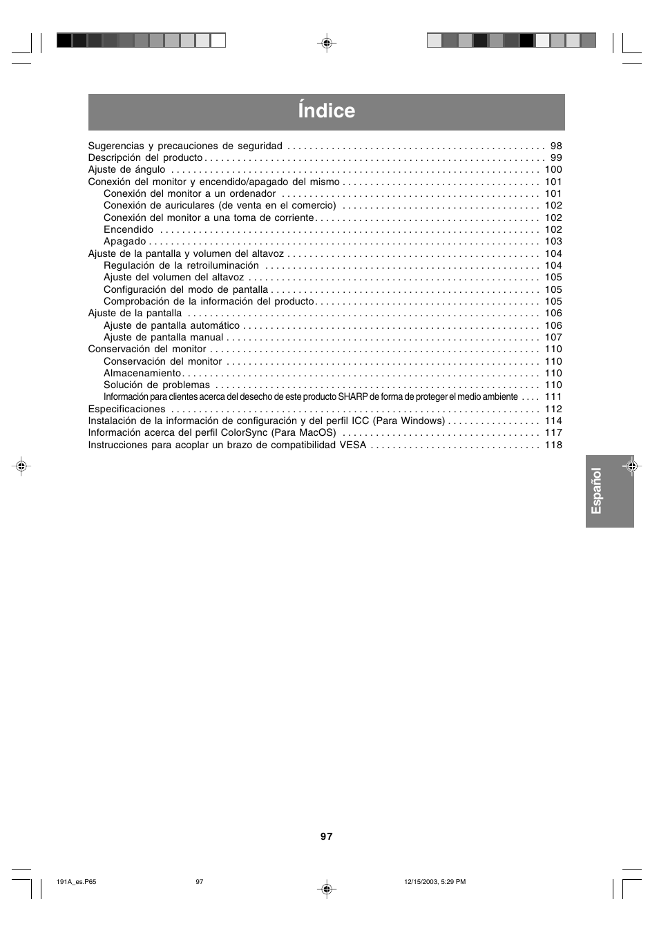 Índice | Sharp LL-191A User Manual | Page 97 / 148