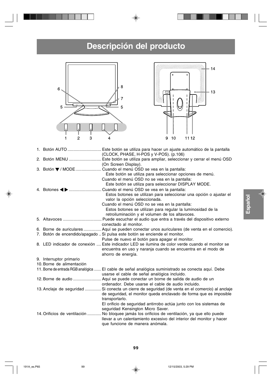 Descripción del producto, English français italiano español english | Sharp LL-191A User Manual | Page 99 / 148