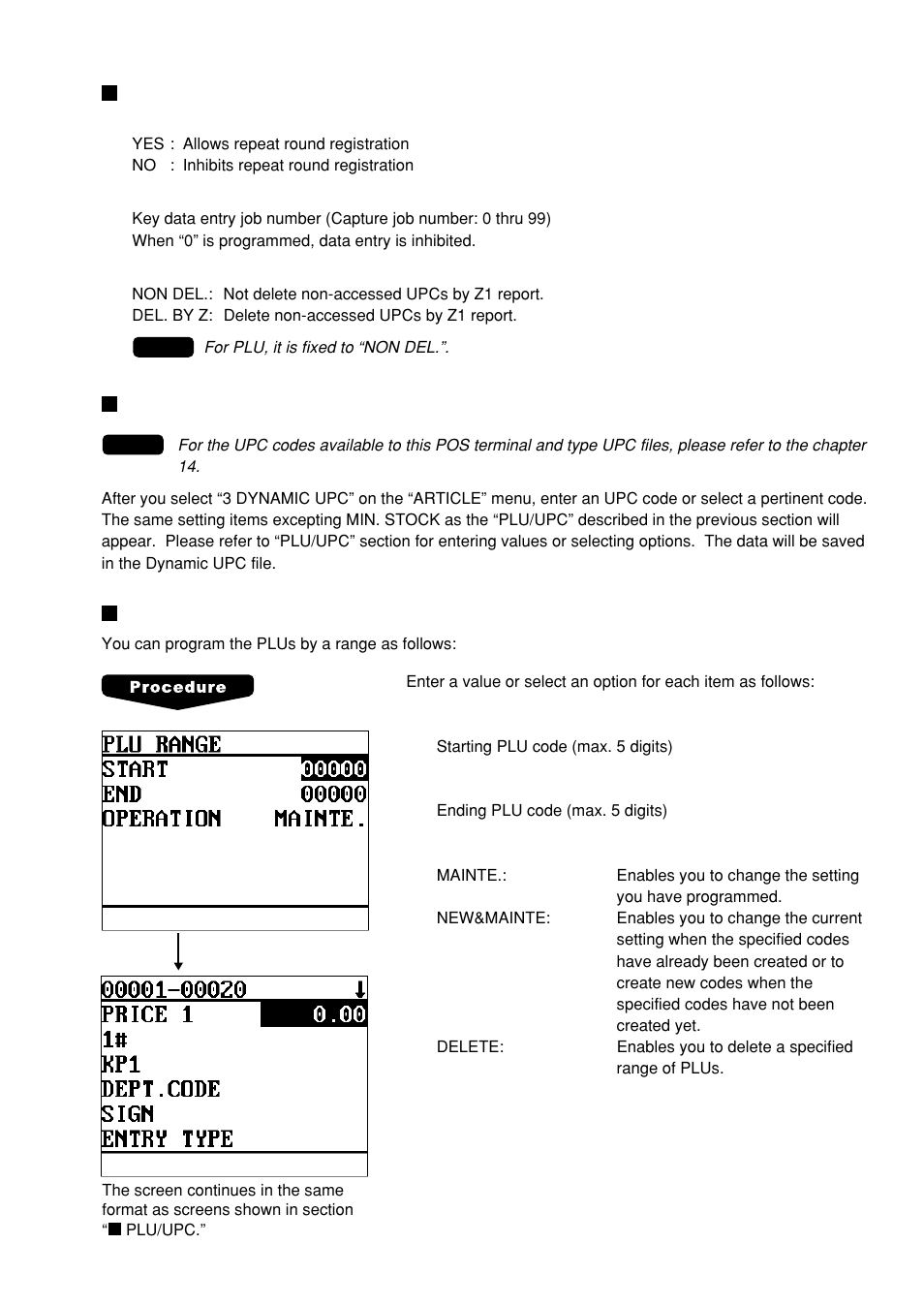 Dynamic upc, Plu range, Plu/upc (continued) | Sharp UP-600 User Manual | Page 105 / 226