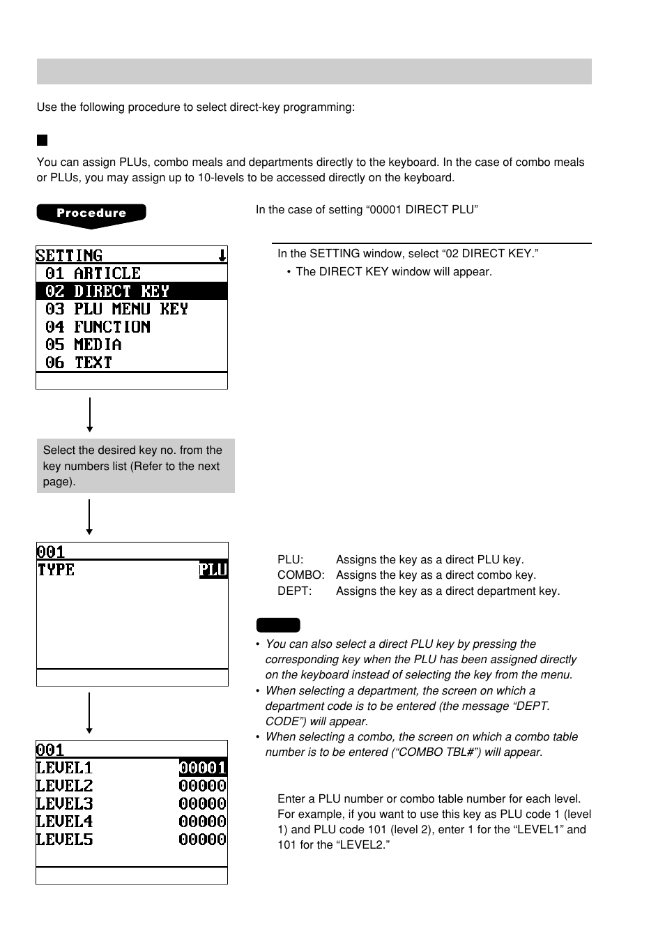 Direct key programming, Direct plu/combo/dept. key | Sharp UP-600 User Manual | Page 114 / 226