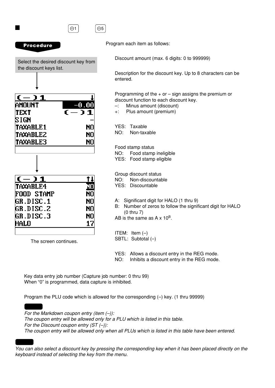 Discount key ( –1 thru –5 ), Discount key, Thru | Sharp UP-600 User Manual | Page 118 / 226