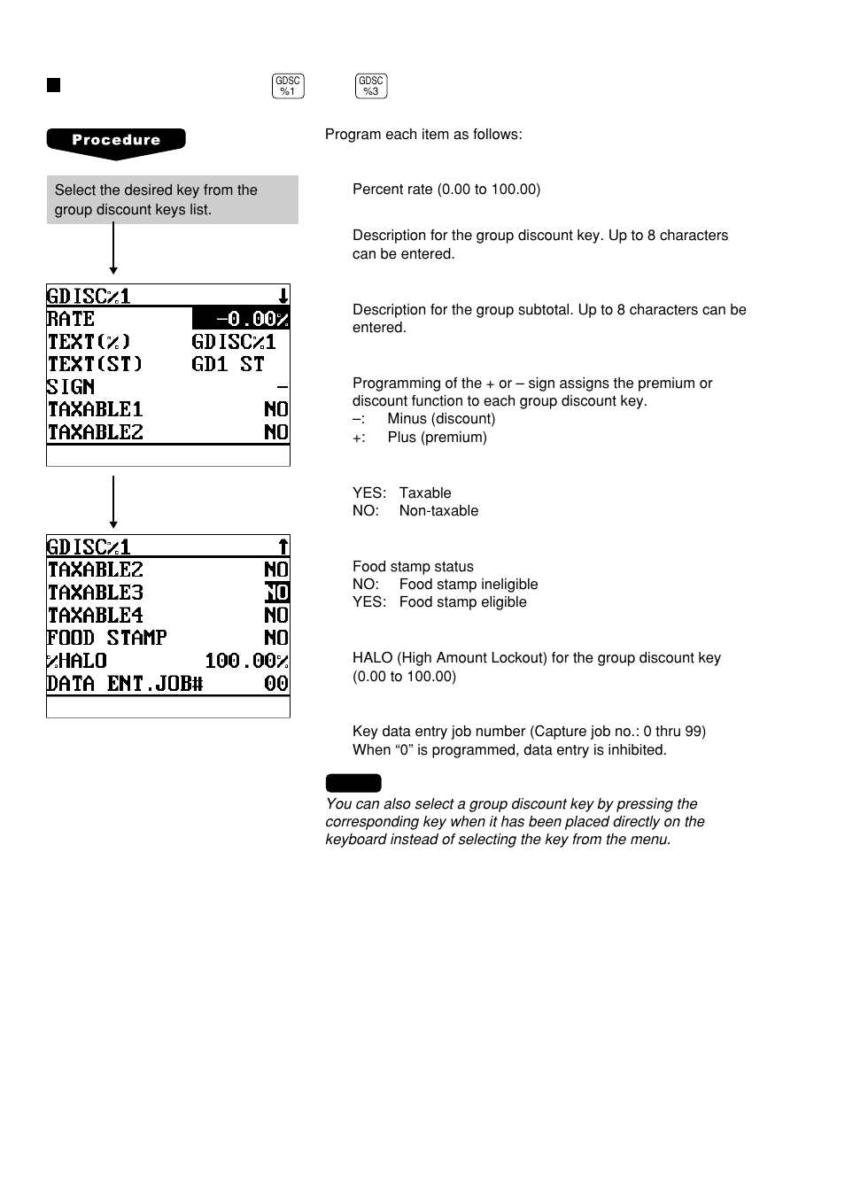 Group discount key ( gdsc %1 thru gdsc %3 ), Group discount key, Gdsc | Thru | Sharp UP-600 User Manual | Page 120 / 226