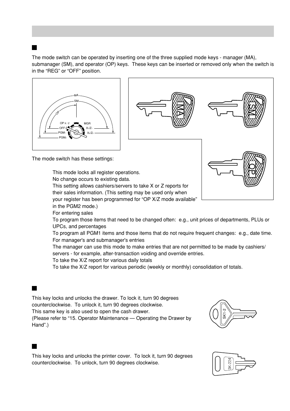 Keys and switches, Mode switch and mode keys, Drawer lock key | Printer cover lock key, Ma sm op | Sharp UP-600 User Manual | Page 13 / 226