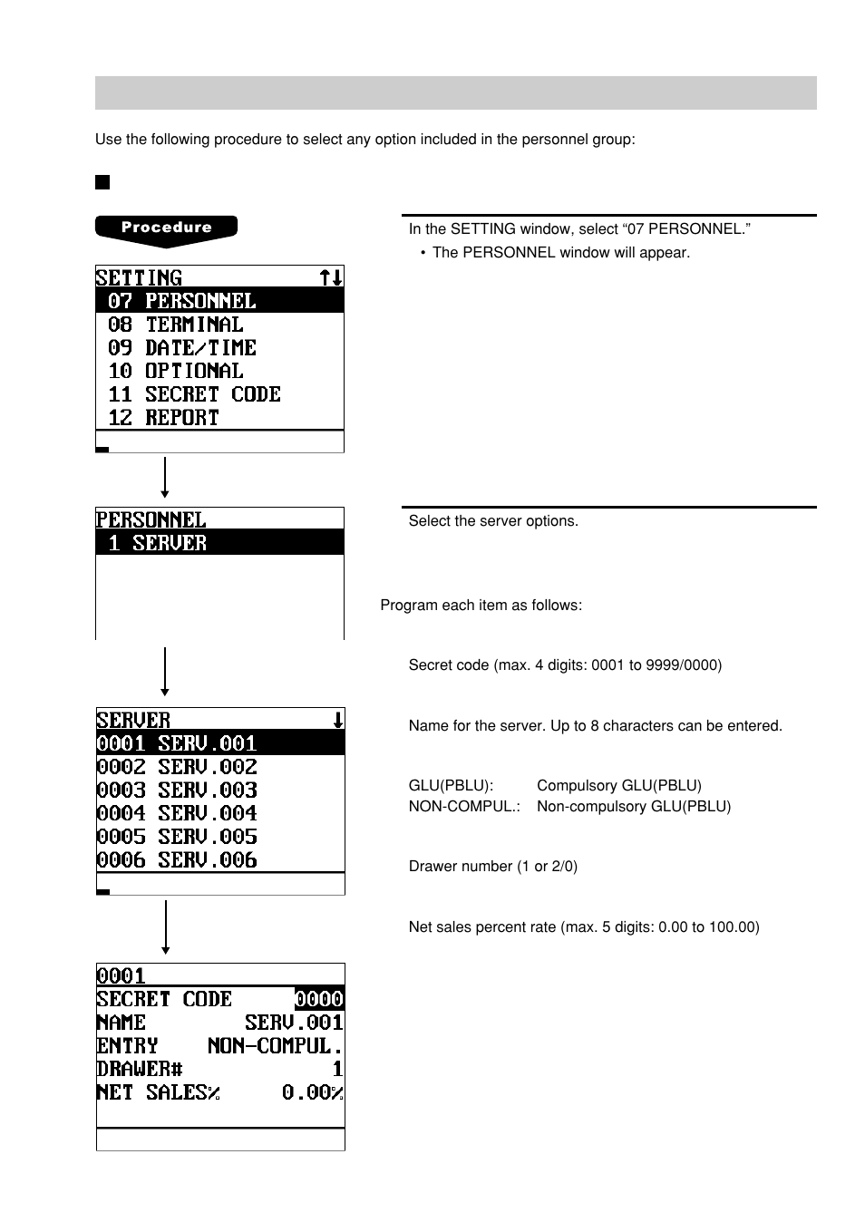 Personnel programming, Server | Sharp UP-600 User Manual | Page 155 / 226