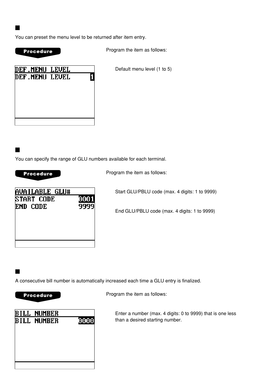 Default menu level, Available glu code, Bill number | Sharp UP-600 User Manual | Page 158 / 226