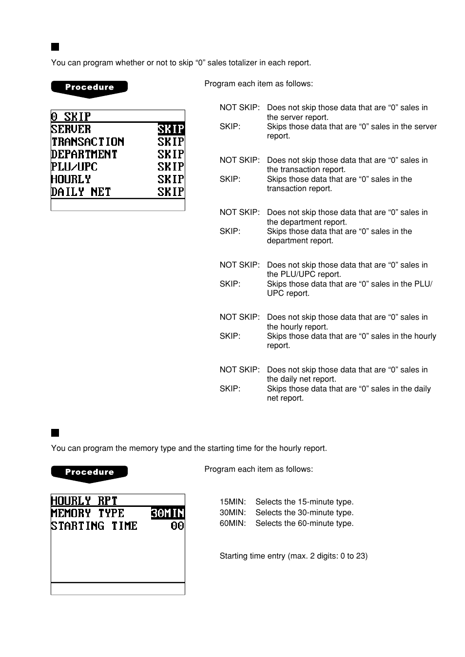 Zero skip, Hourly report | Sharp UP-600 User Manual | Page 171 / 226