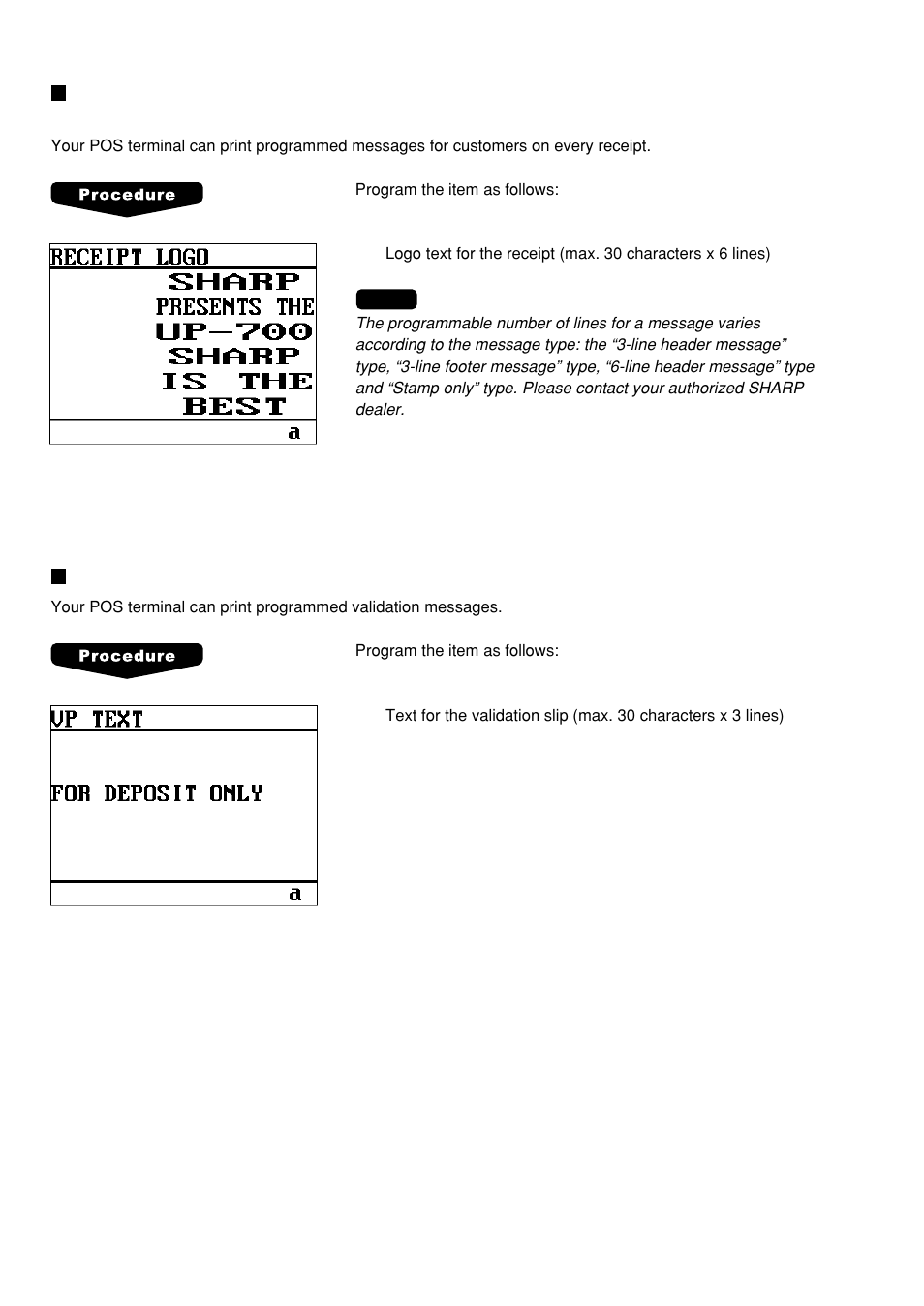 Receipt logo, Validation printing text | Sharp UP-600 User Manual | Page 176 / 226