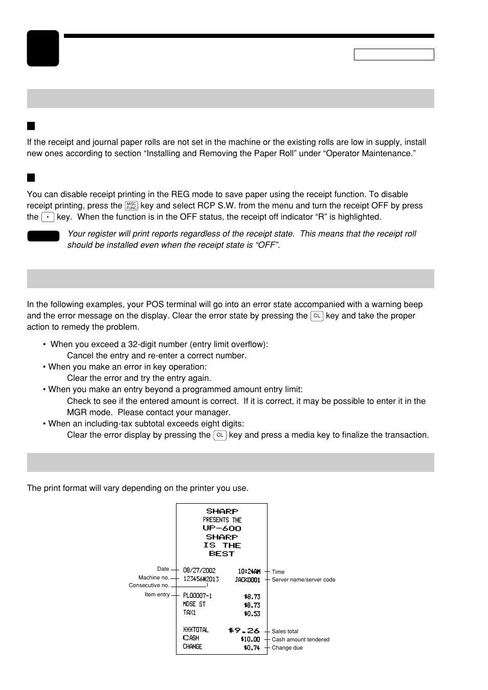 4 prior to entries, Preparations for entries, Receipt and journal paper rolls | Receipt on/off function, Error warning, Sample receipt, Prior to entries | Sharp UP-600 User Manual | Page 18 / 226