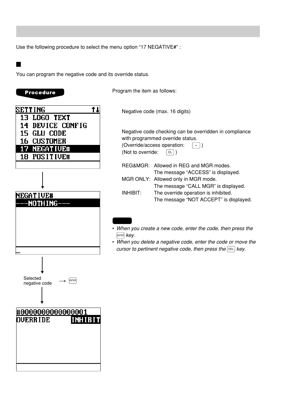 Negative code file programming, Negative code/override status | Sharp UP-600 User Manual | Page 186 / 226