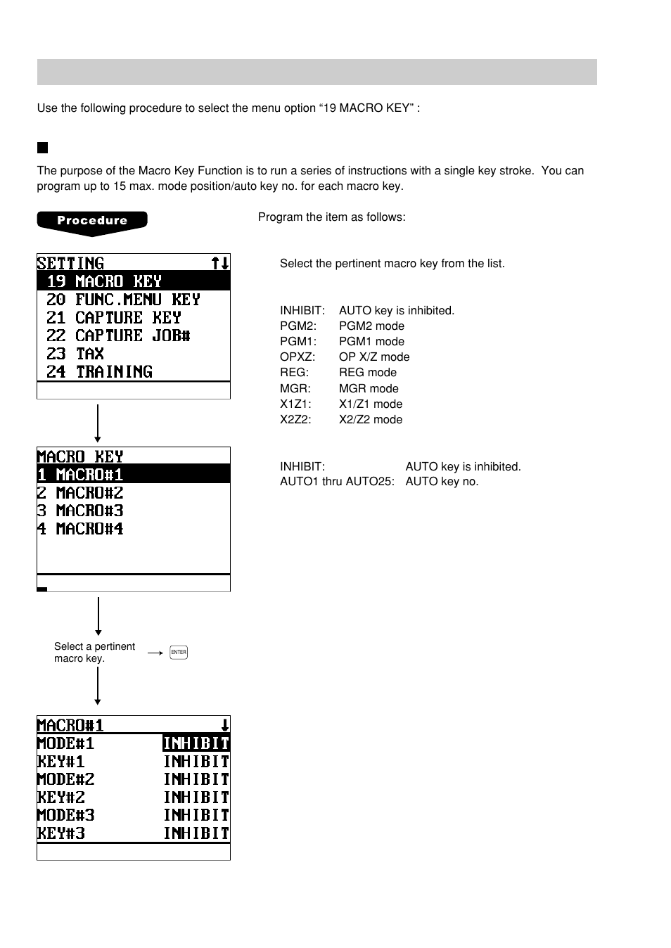 Macro key programming, Mode position/auto key no | Sharp UP-600 User Manual | Page 188 / 226