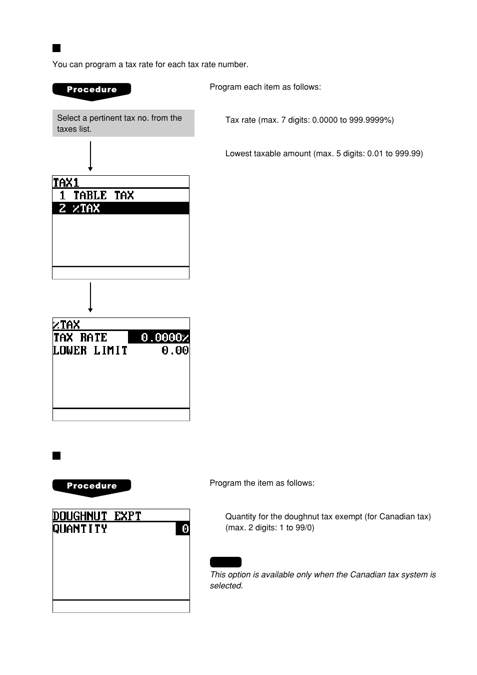 Rate (%) tax, Doughnut tax exempt (for the canadian tax system) | Sharp UP-600 User Manual | Page 195 / 226