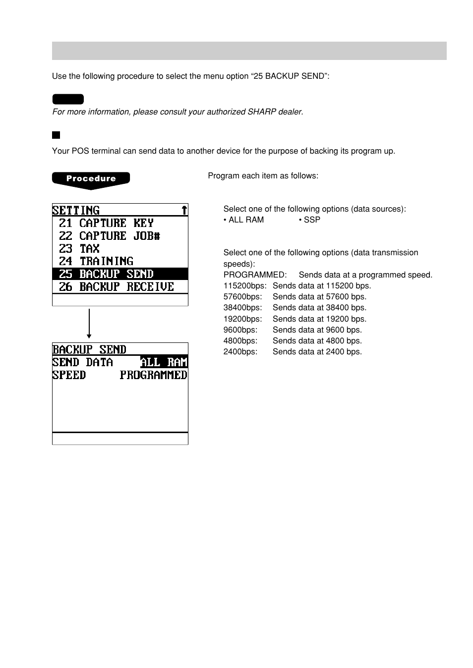 Backup data send programming, Backup data send | Sharp UP-600 User Manual | Page 197 / 226