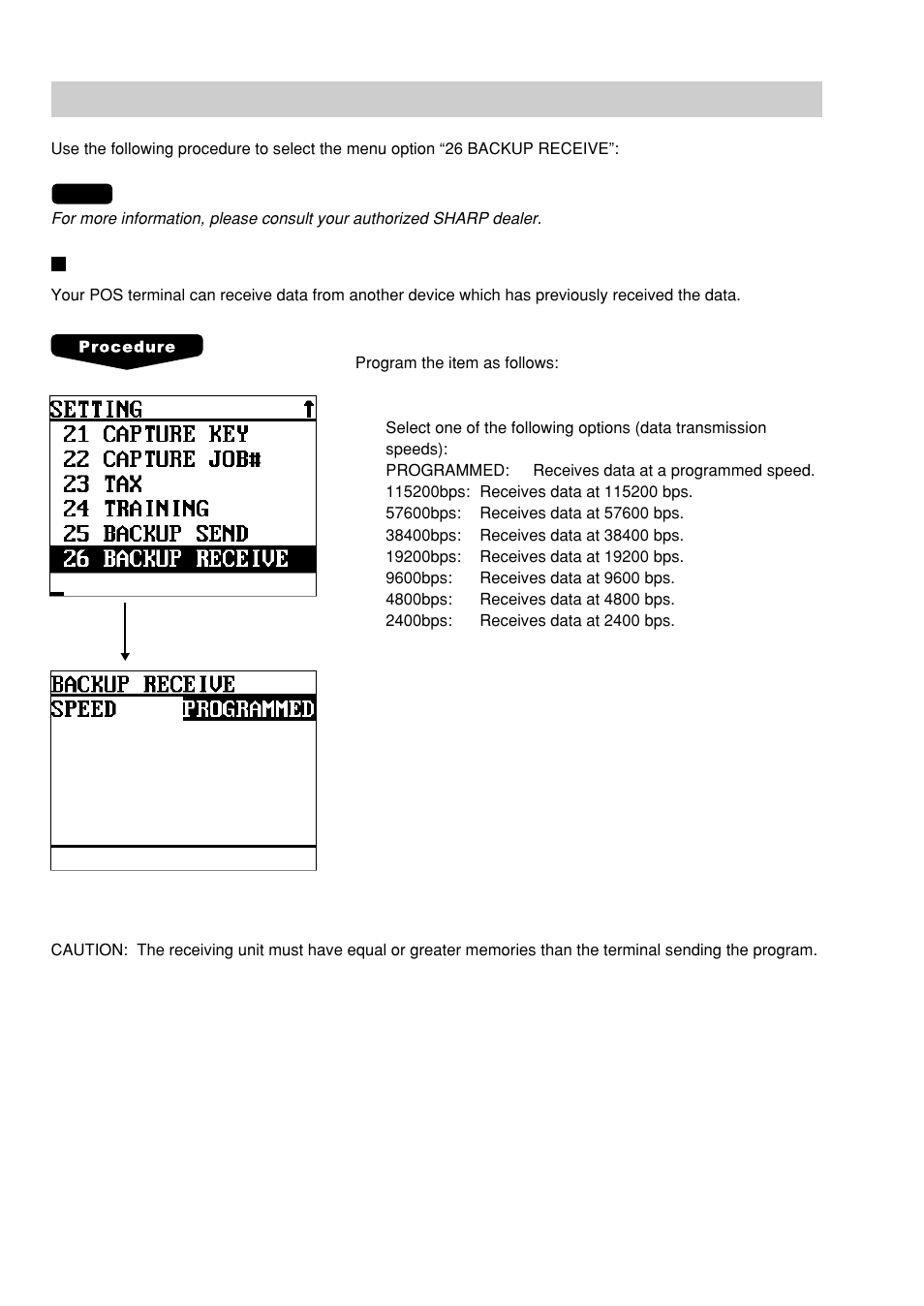 Backup data receive programming, Backup data receive | Sharp UP-600 User Manual | Page 198 / 226