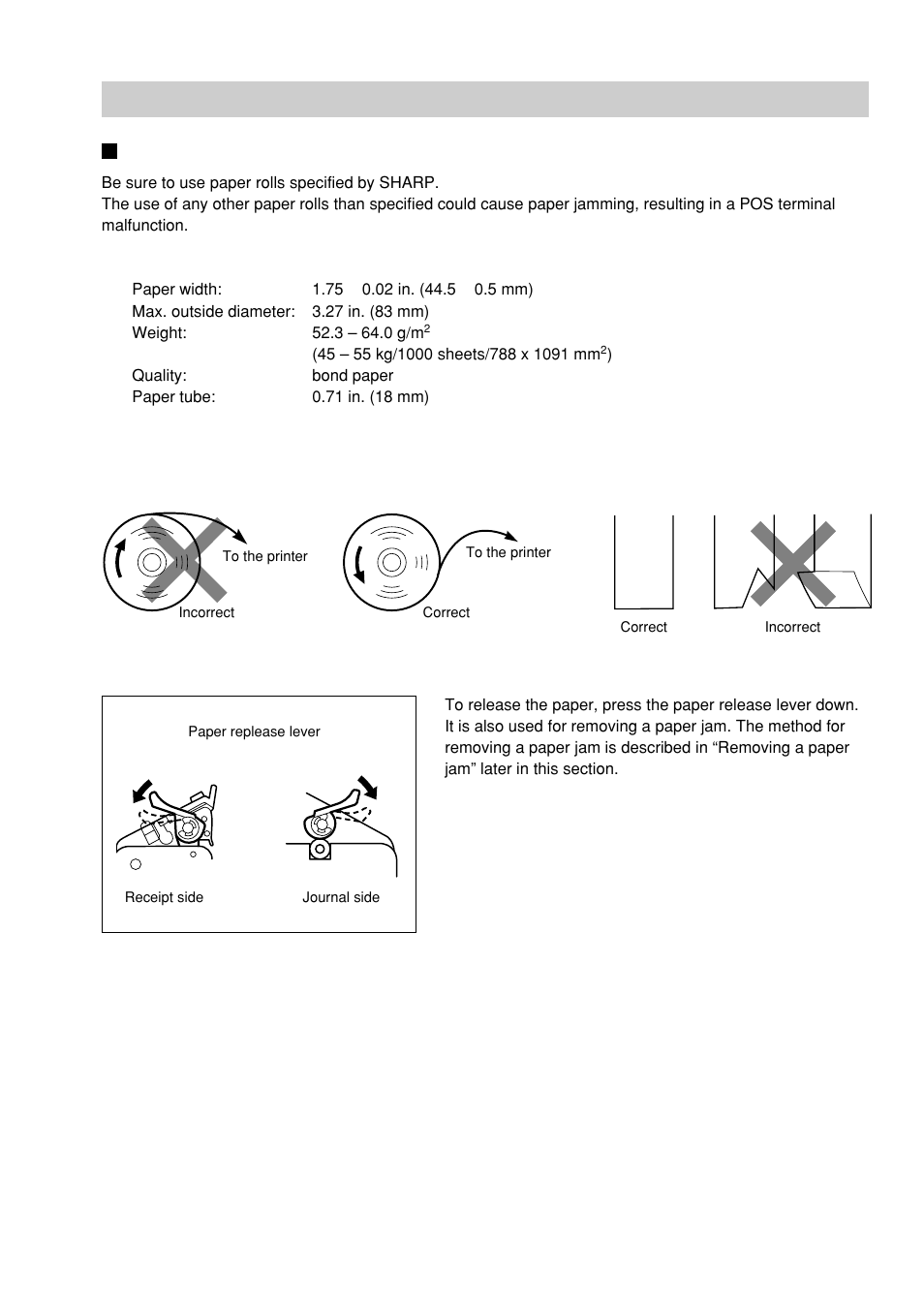 Installing and removing the paper roll, Recording paper specifications | Sharp UP-600 User Manual | Page 219 / 226