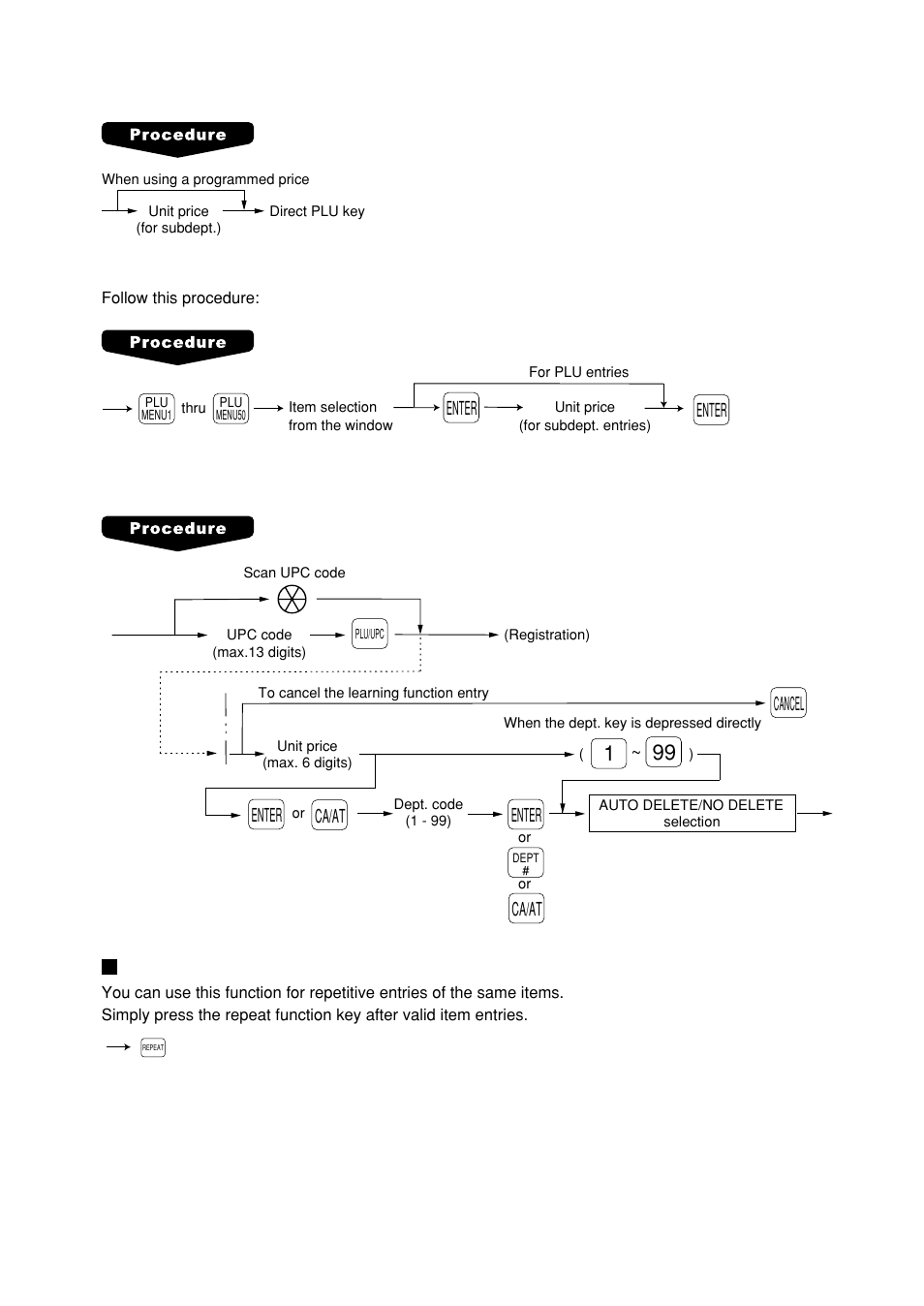 Repeat entries, Enter, Ca/at enter | Cancel ca/at enter | Sharp UP-600 User Manual | Page 23 / 226