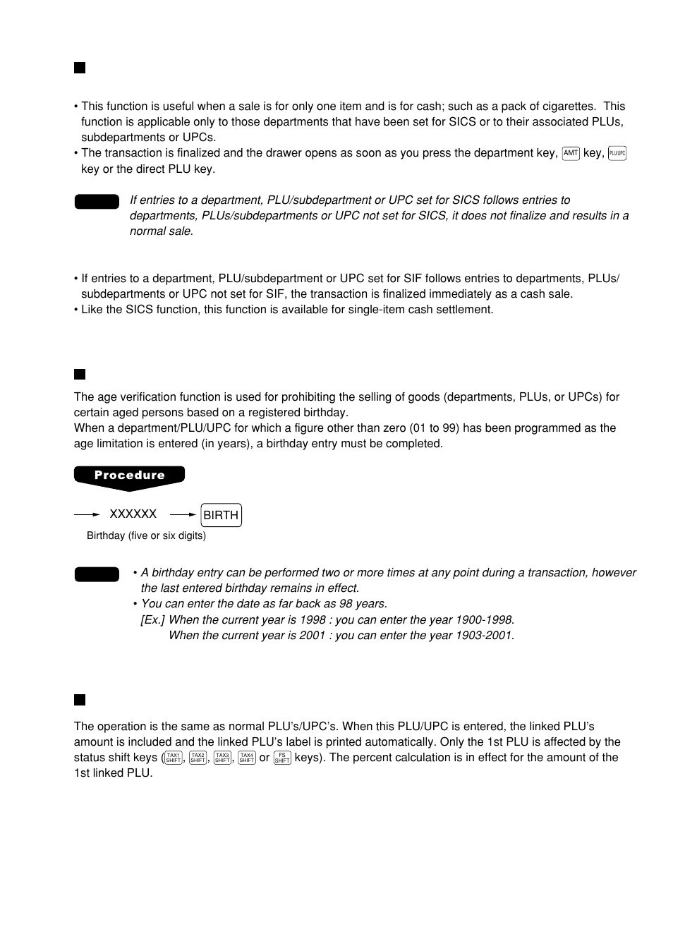Single item cash sale (sics) entries, Age verification (birthday entry), Link plu/upc entries | Sharp UP-600 User Manual | Page 29 / 226