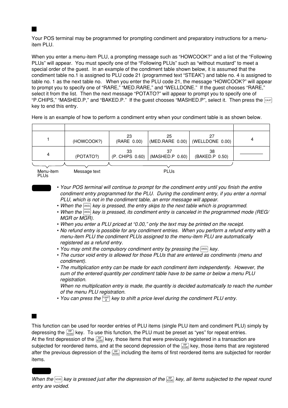 Condiment entries (for plu), Repeat round entries | Sharp UP-600 User Manual | Page 31 / 226