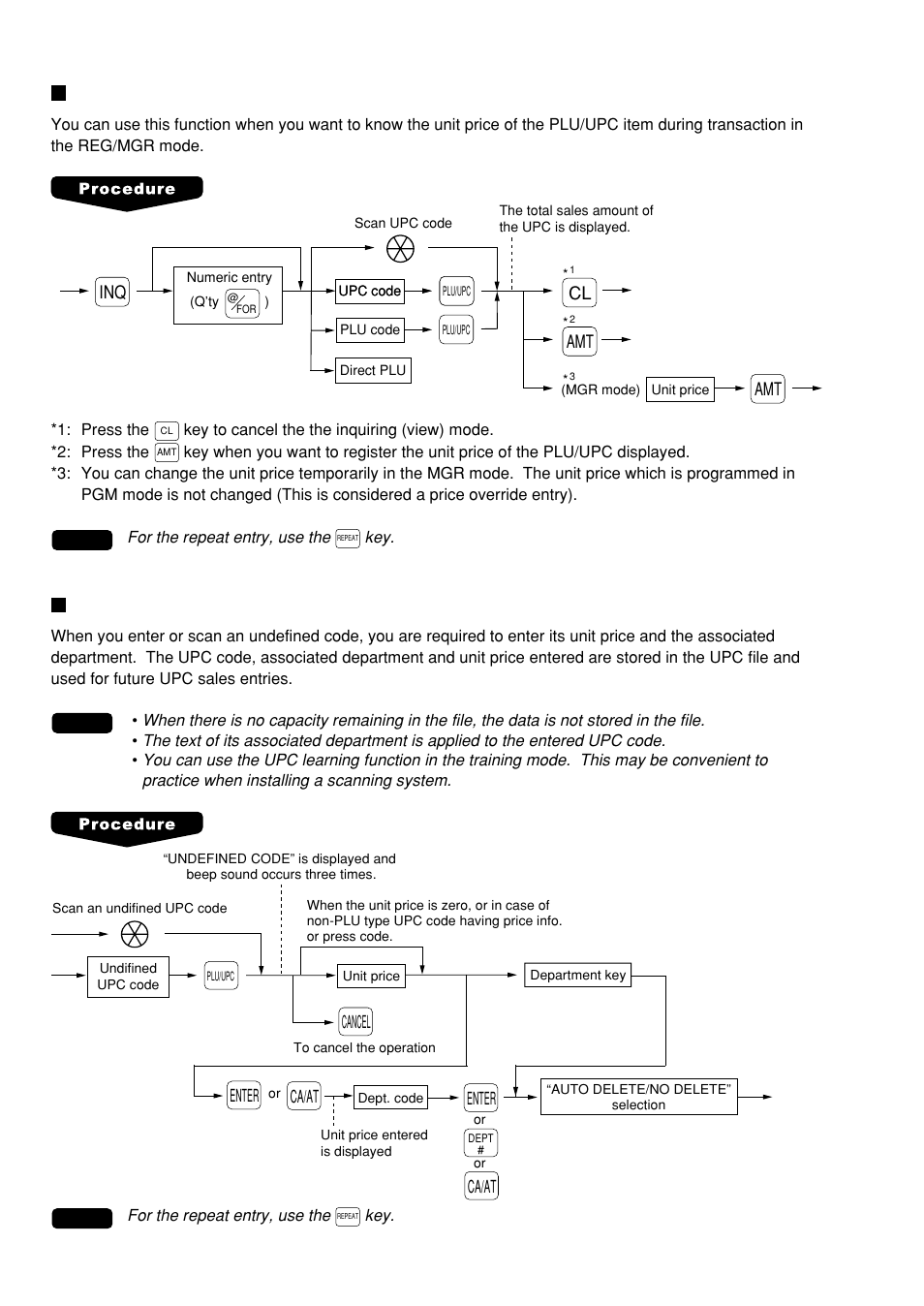 Price inquiry (view) function (for plu/upc), Upc learning function, Inq amt | Cl amt, Ca/at enter, Cancel ca/at enter | Sharp UP-600 User Manual | Page 32 / 226