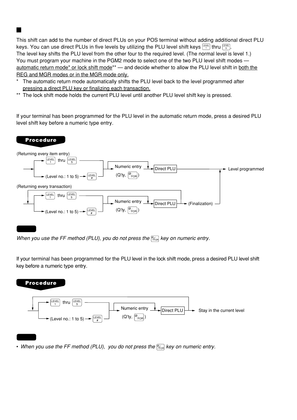 Plu level shift (for direct plus), Key on numeric entry, Thru | Sharp UP-600 User Manual | Page 34 / 226