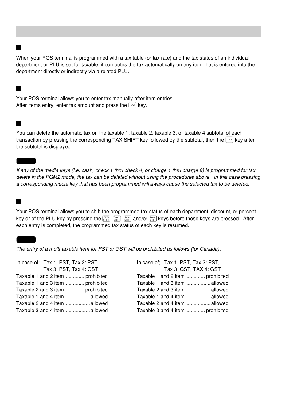 Tax calculations, Automatic tax, Manual tax | Tax deletion, Tax status shift | Sharp UP-600 User Manual | Page 40 / 226