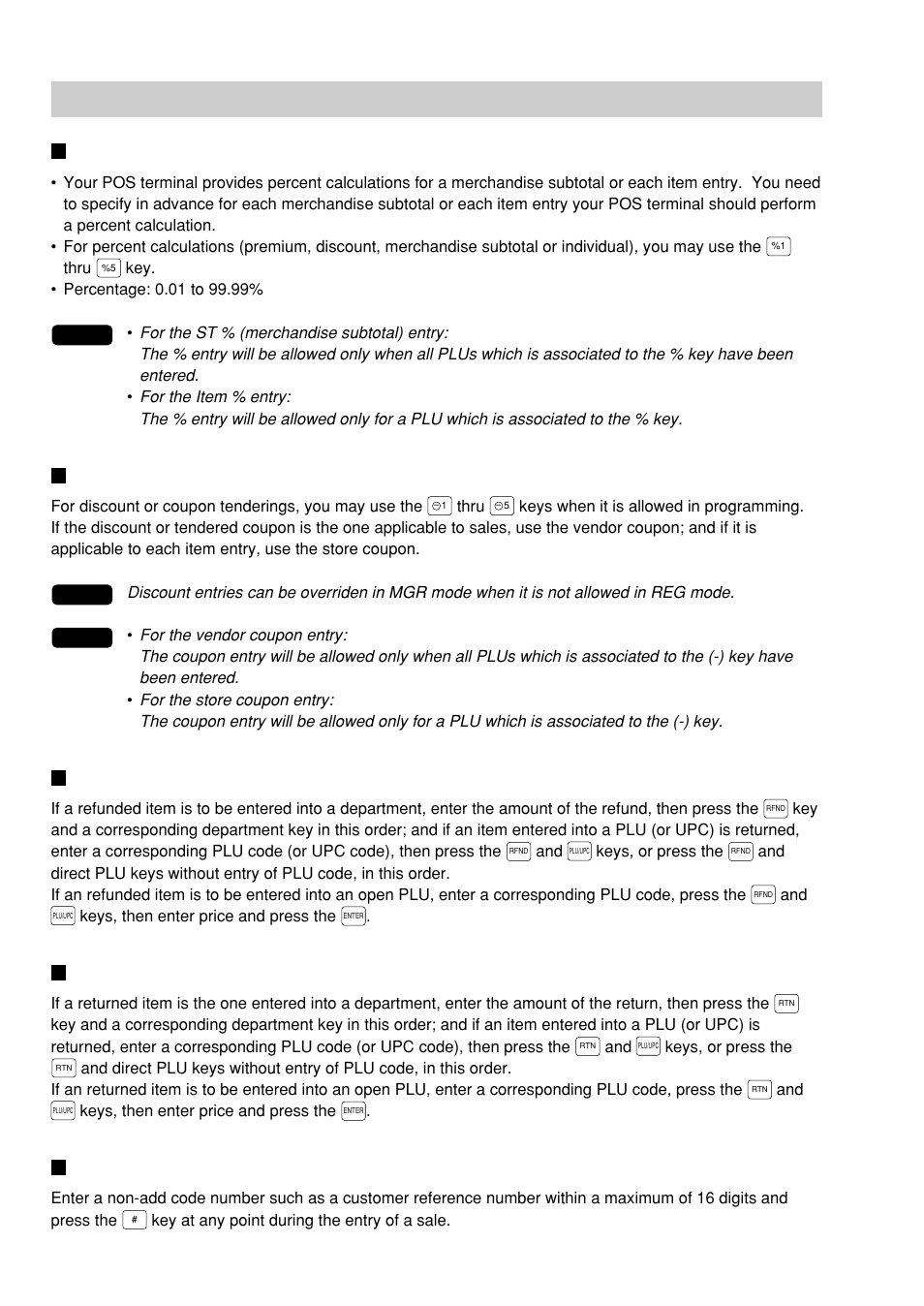 Auxiliary entries, Percent calculations (premium or discount), Discount entries | Refund entries, Return entries, Printing of non-add code numbers | Sharp UP-600 User Manual | Page 46 / 226