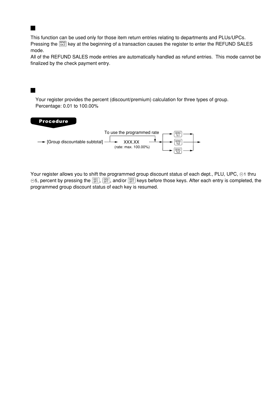 Refund sales mode, Group discount entries | Sharp UP-600 User Manual | Page 47 / 226