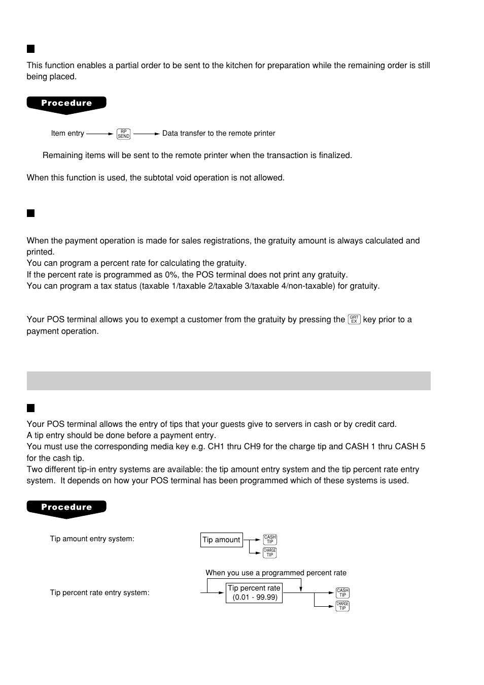 Remote printer send function, Gratuity, Payment treatment | Tip-in entries | Sharp UP-600 User Manual | Page 48 / 226