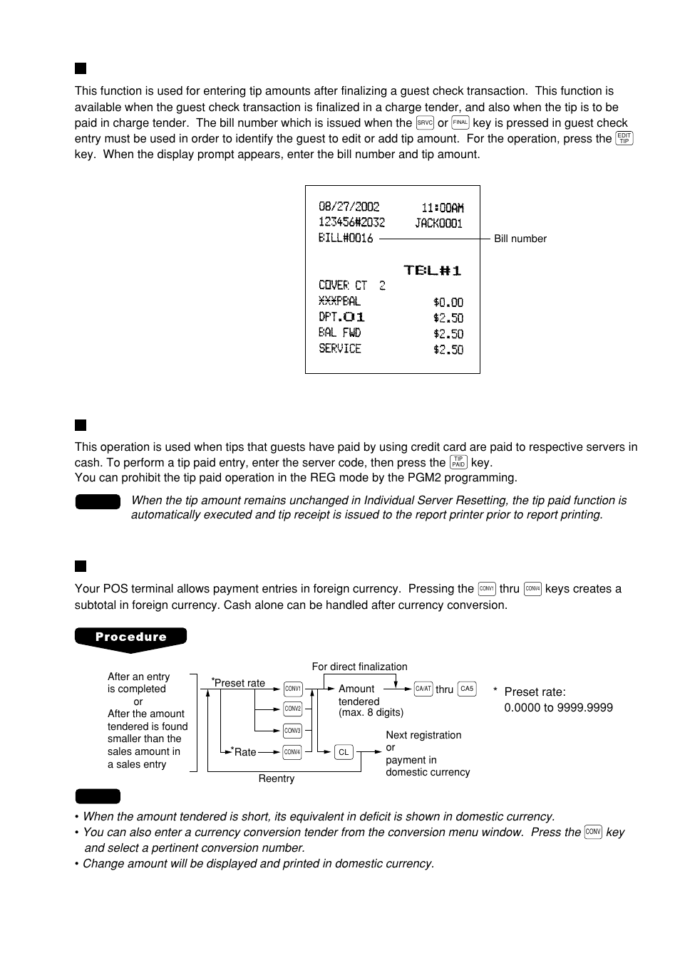 Tip editing, Tip paid entries, Currency conversion | Sharp UP-600 User Manual | Page 49 / 226