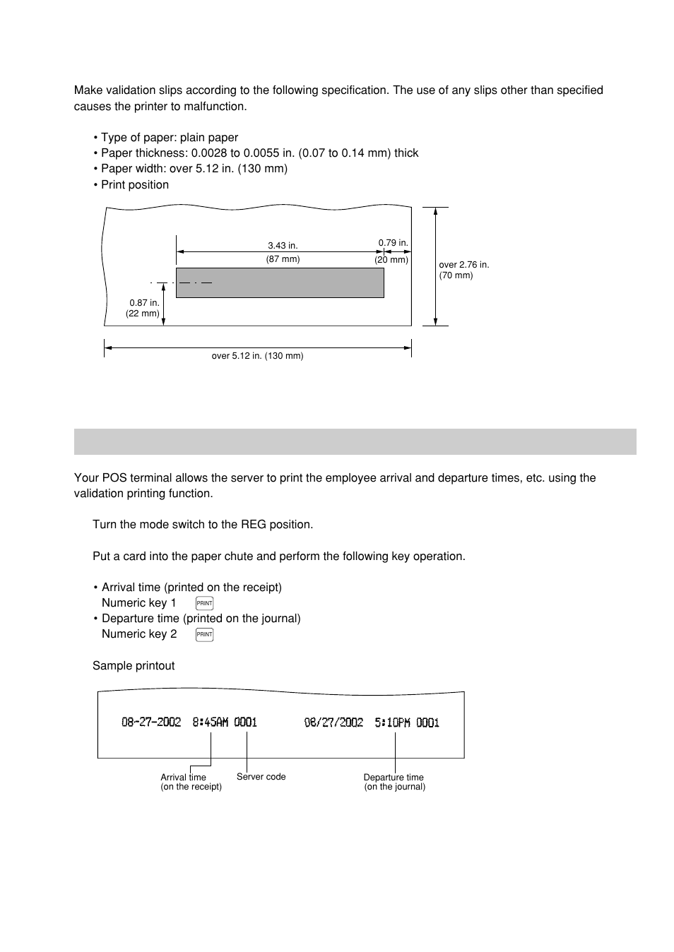 Validation slip specification, Server arrival/departure time printing | Sharp UP-600 User Manual | Page 61 / 226