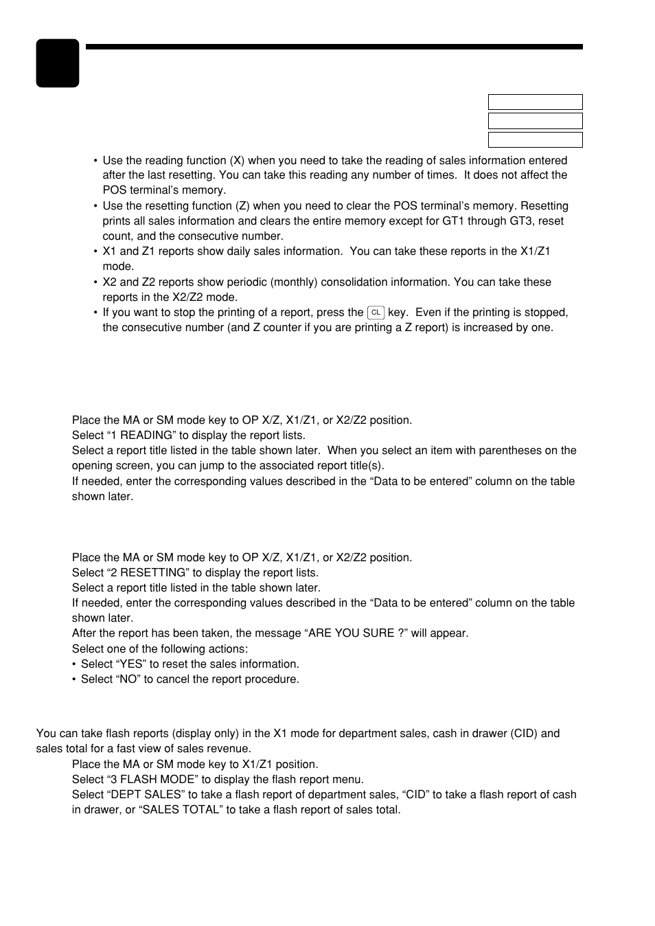 10 reading (x) and resetting (z) of sales totals, How to take a x1/z1 or x2/z2 reports, Flash report | Reading (x) and resetting (z) of sales totals | Sharp UP-600 User Manual | Page 64 / 226