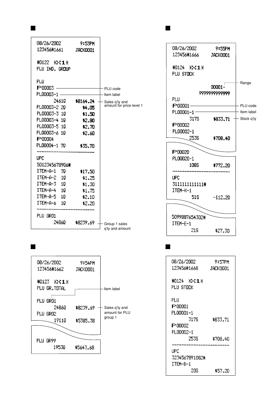 Individual group report on plus/upcs, Full group total report on plus/upcs, Plu/upc stock report by designated range | Plu/upc stock pick up report, Individual group total report on plus/upcs | Sharp UP-600 User Manual | Page 75 / 226