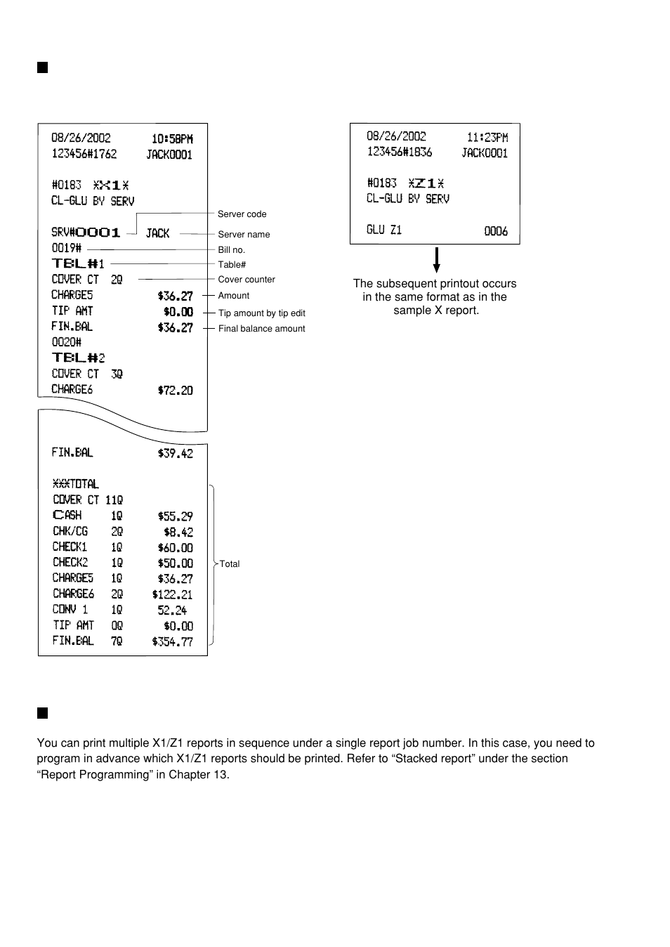 Closed glu/pblu report by server, X1/z1 stacked reports | Sharp UP-600 User Manual | Page 86 / 226