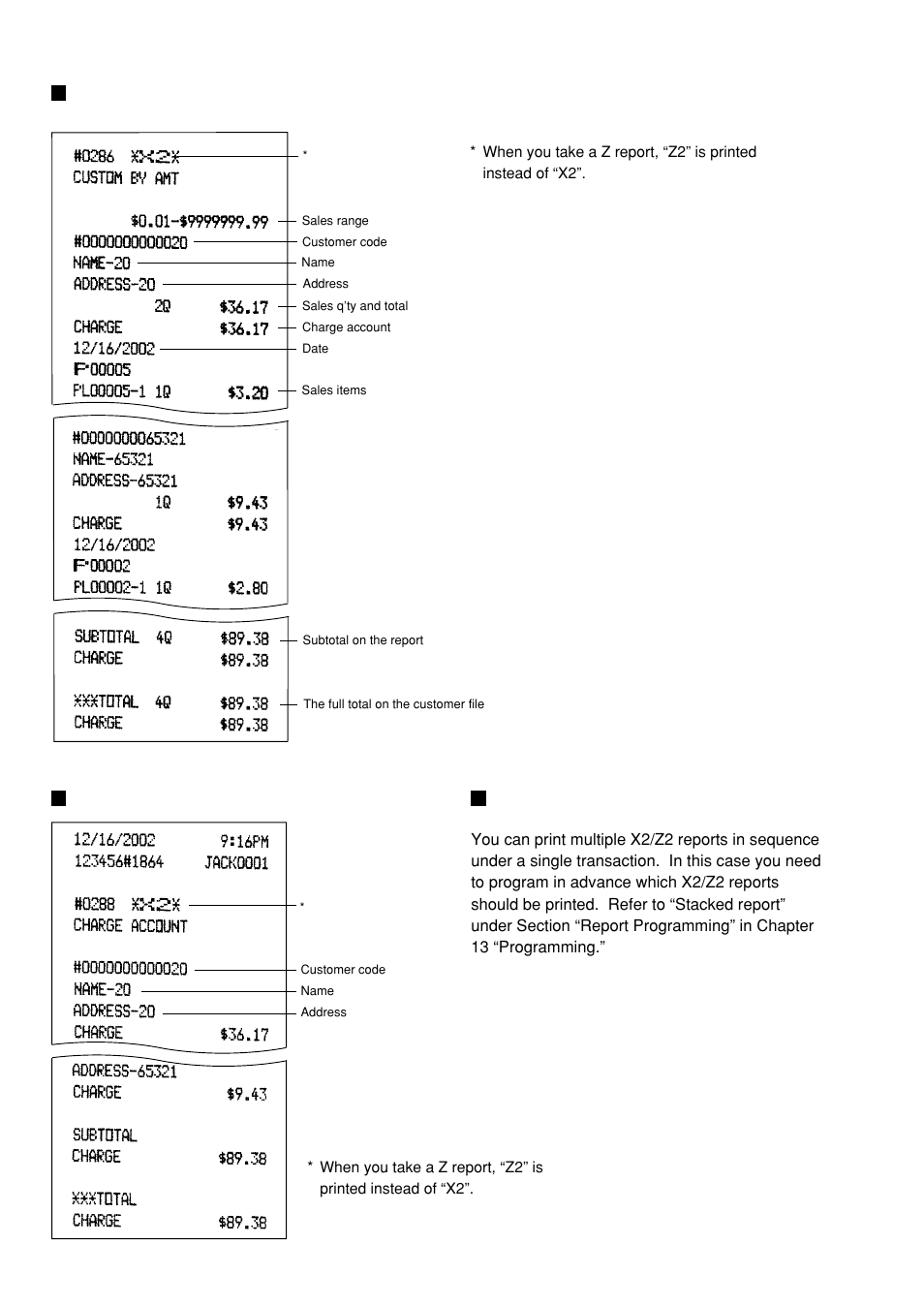 Customer sales report by sales range, Customer charge account report, X2/z2 stacked report | Sharp UP-600 User Manual | Page 90 / 226