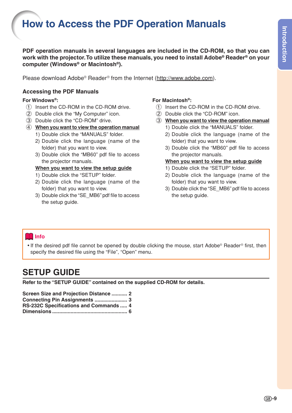 How to access the pdf operation manuals, Setup guide, Introduction | Sharp PG-MB60X User Manual | Page 13 / 78