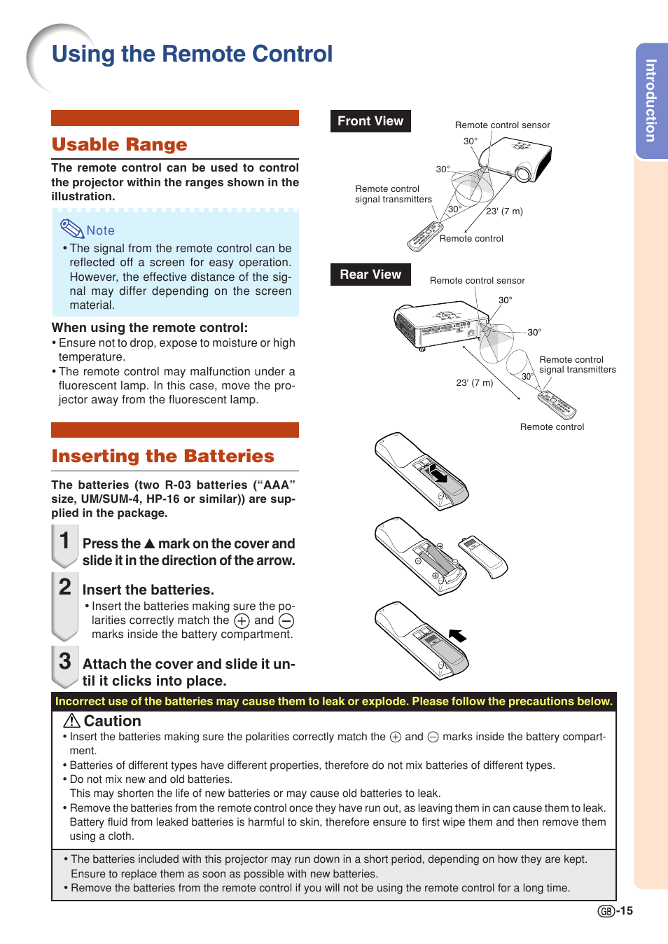 Using the remote control, Inserting the batteries, Usable range | Caution | Sharp PG-MB60X User Manual | Page 19 / 78