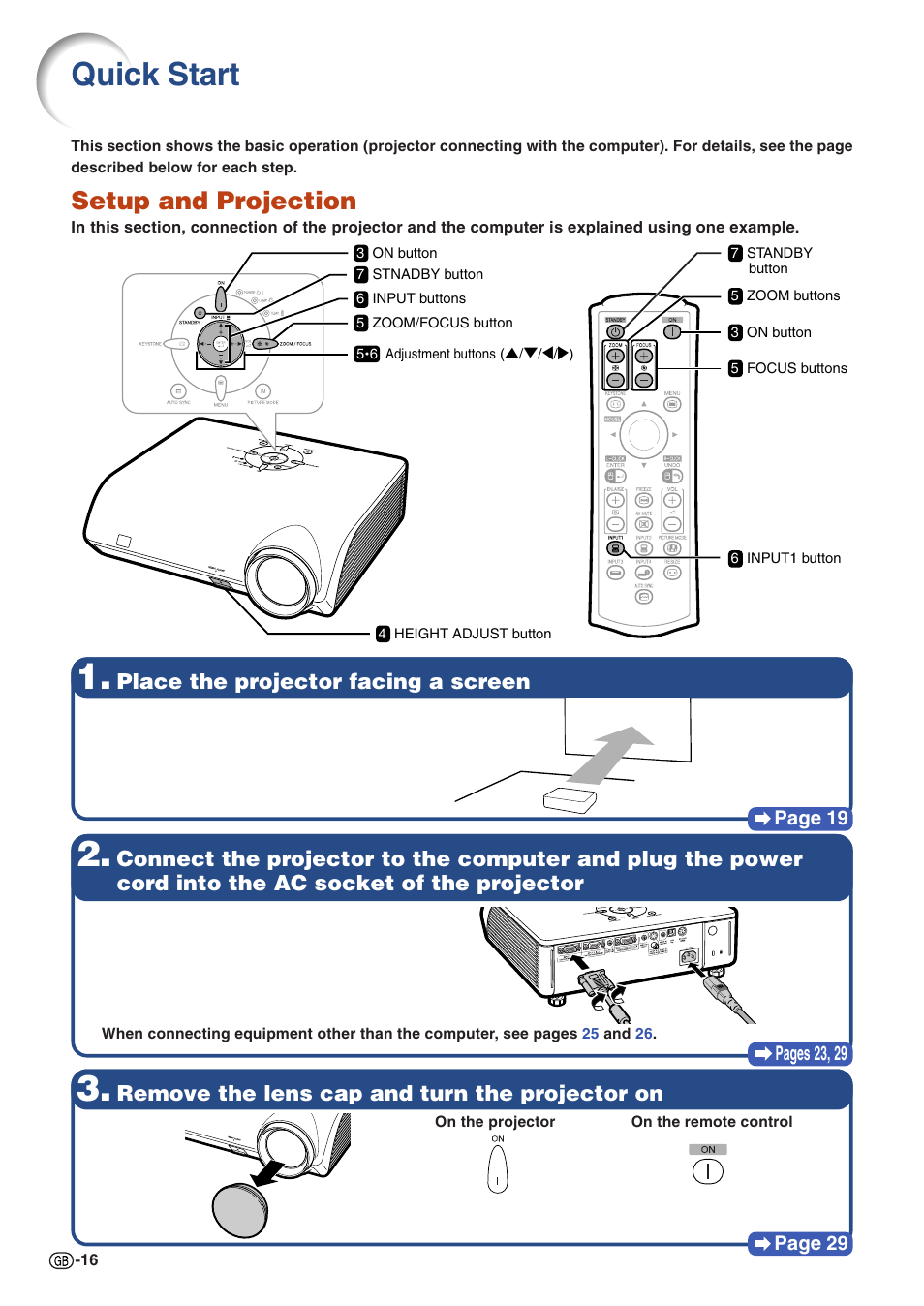 Quick start, Setup and projection, Place the projector facing a screen | Remove the lens cap and turn the projector on | Sharp PG-MB60X User Manual | Page 20 / 78