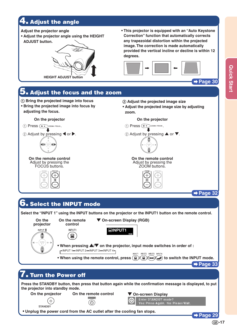 Adjust the angle, Adjust the focus and the zoom, Turn the power off | Select the input mode, Quic k star t page 30, Page 32, Page 29, Page 33 | Sharp PG-MB60X User Manual | Page 21 / 78