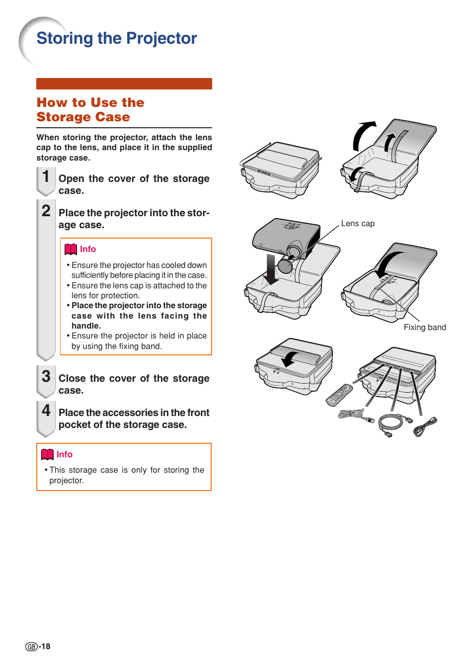 Storing the projector, How to use the storage case | Sharp PG-MB60X User Manual | Page 22 / 78