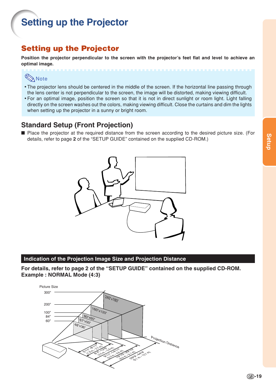 Setting up the projector, Standard setup (front projection), Setup | Sharp PG-MB60X User Manual | Page 23 / 78