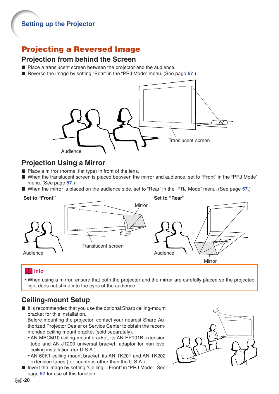 Projecting a reversed image, Projection from behind the screen, Projection using a mirror | Ceiling-mount setup, Setting up the projector | Sharp PG-MB60X User Manual | Page 24 / 78